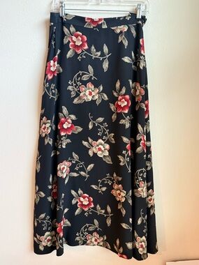 Jones New York 100% Silk Floral Midi Skirt Black Red A-Line Size 10